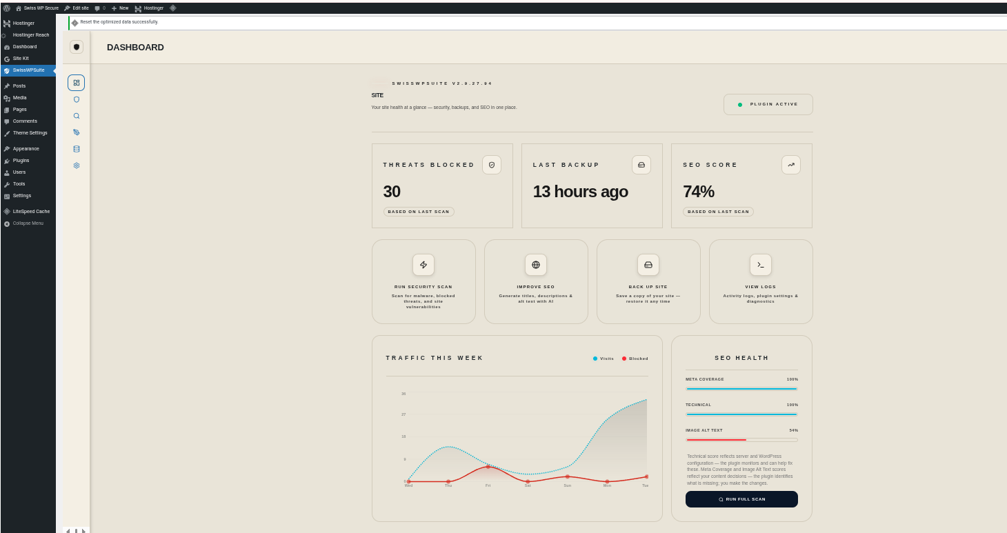 SwissWPSuite unified dashboard &mdash; Security Sentinel, Backup Sentinel, SEO and Content agents inside WordPress admin